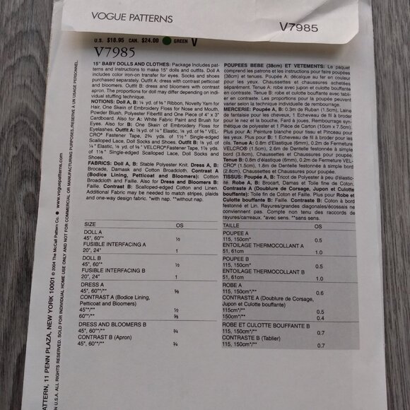 Baby Doll and Doll Clothes Sewing Pattern 15" Victorian Dress UNCUT 7985 - Picture 4 of 9